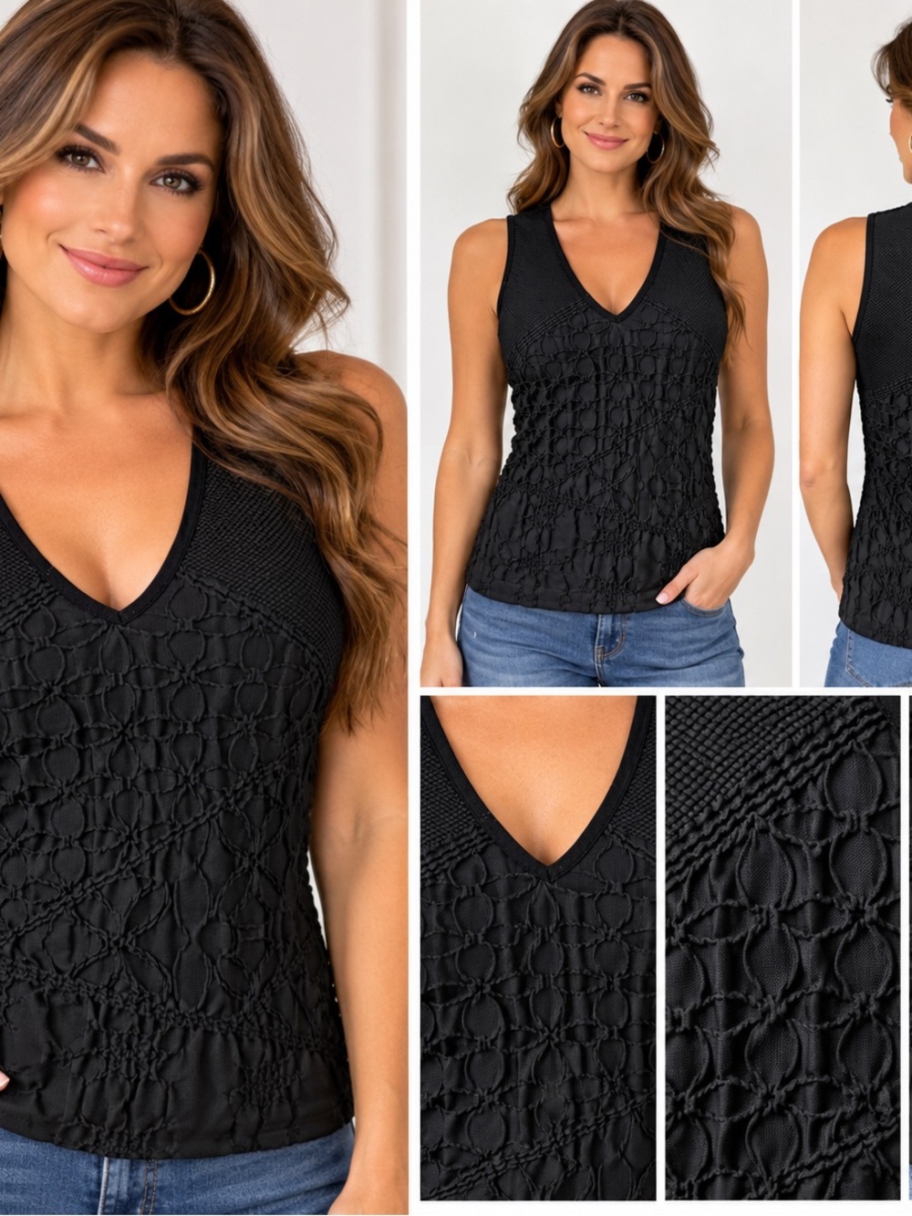 Black Textured Sleeveless V-Neck Top Size Small